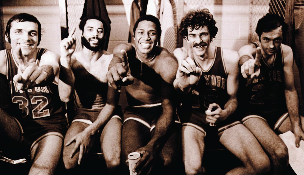 May 10, 1973: New York Knicks Jerry Lucas, Walt "Clyde" Frazier, Willis Reed, Phil Jackson, and Bill Bradley