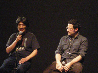 Zacharias Kunuk (left) with Ian Munro (right) the co-directors of <em>Qapirangajuq: Inuit Knowledge and Climate Change</em> answering a question at the interactive screening of their new film.