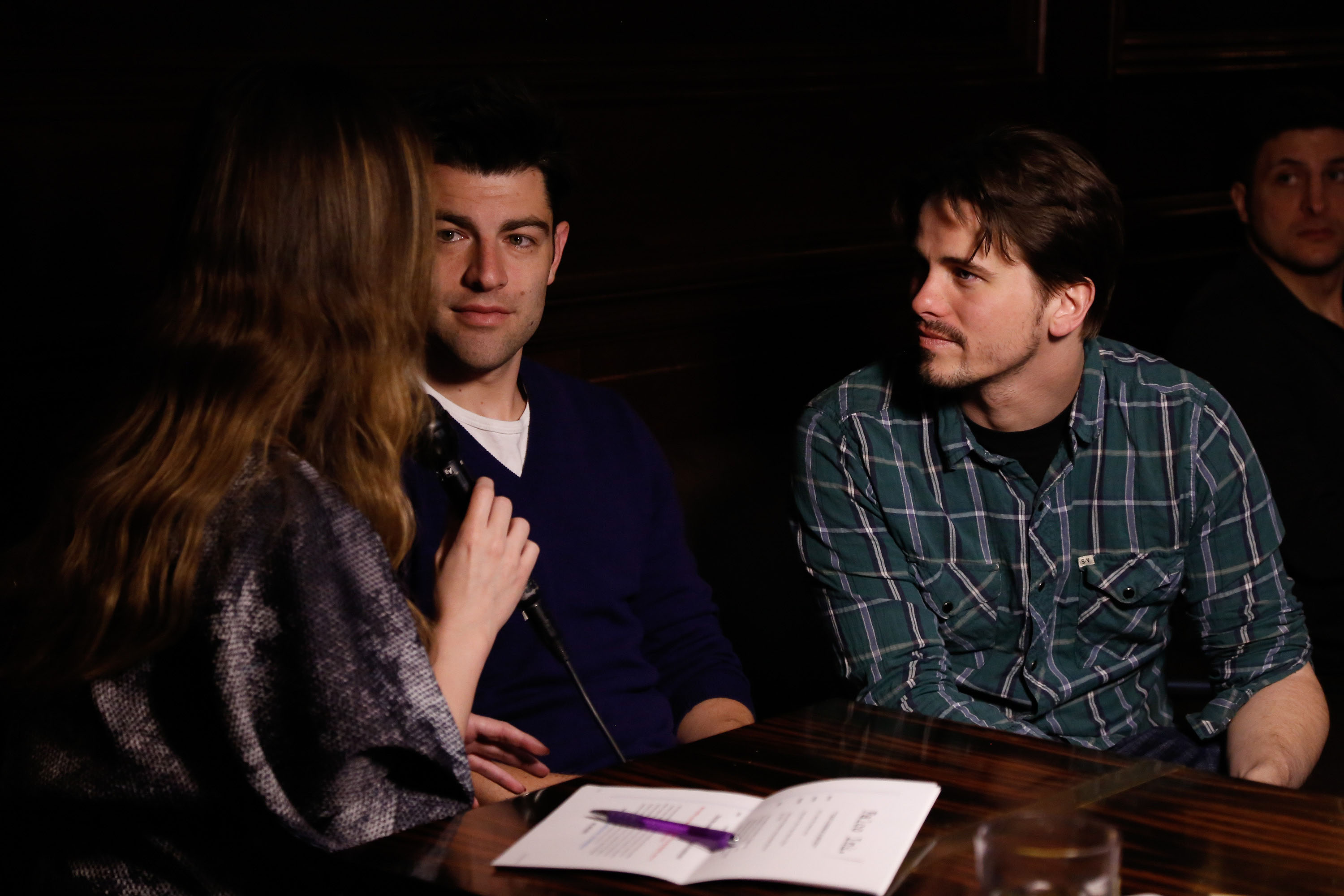 <em>(L-R) – Max Greenfield & Jason Ritter discussing ABOUT ALEX – Photo Credit Tom Concordia/WireImage</em>